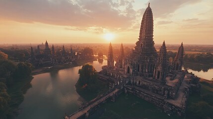 Naklejka premium Sunset over ancient temple ruins and water.