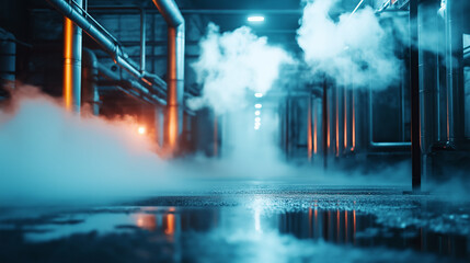 Futuristic industrial pipeline with atmospheric steam for technology and sci-fi themed visuals in corporate and cinematic projects