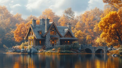 Obraz premium Serene autumn cottage by lake peaceful reflection