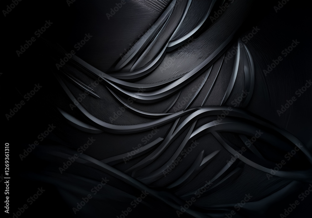 Poster Dark, abstract background featuring smooth, flowing, curved lines creating a sense of depth and texture. The monochromatic image uses light and shadow to define the shapes.