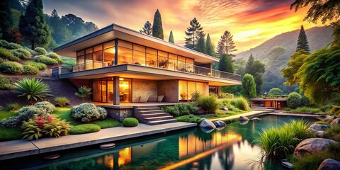 Obraz premium Vintage Style Photo: Tranquil Contemporary Architecture with Natural Elements & Sculptural Design