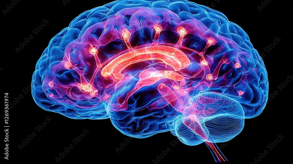 Poster intricate brain structure displaying red and blue colors representing neural networks