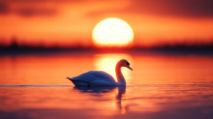 Fototapeta premium Elegant swan gliding across a tranquil lake at sunset for serene nature themes and inspirational branding