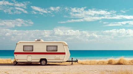 This image portrays a vintage caravan parked by a picturesque shoreline, capturing a nostalgic vacation vibe against a backdrop of azure skies and tranquil waters.