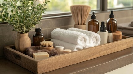A soothing spa tray with towels, natural skincare products, and green plants