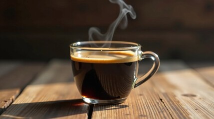 Aromatic dark brew in a clear glass cup, steaming gently on a rustic wooden surface, bathed in soft sunlight