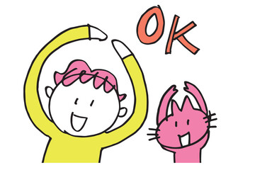 OKサインを出す男性とかわいい猫の手描きイラスト