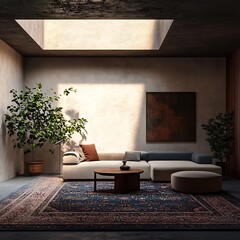 Cozy Living Space With Blue Rug And Light  From Above And Brown Cushion Placed On A Light Couch