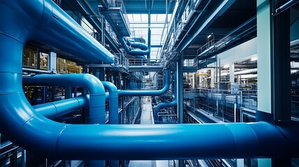 Naklejka premium A large, open space filled with blue pipes. The pipes are arranged in a way that creates a sense of depth and complexity, with many of them intersecting and branching off in different directions
