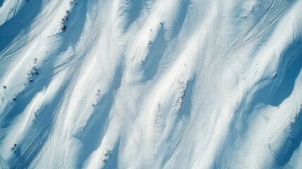 Obraz premium Aerial view of snowy mountain slopes, skiers' tracks, winter landscape