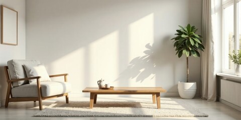 Fototapeta premium Sunlit minimalist living room interior design featuring a cozy armchair, low wooden coffee table, and potted plant, creating a serene and peaceful atmosphere