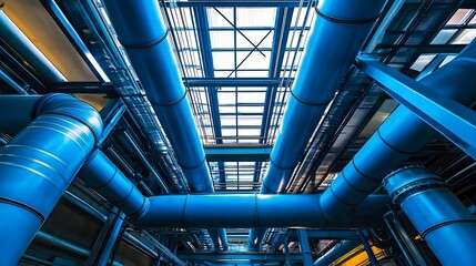 A large industrial building with a blue and white color scheme. The building is filled with pipes and wires, which are blue and white in color