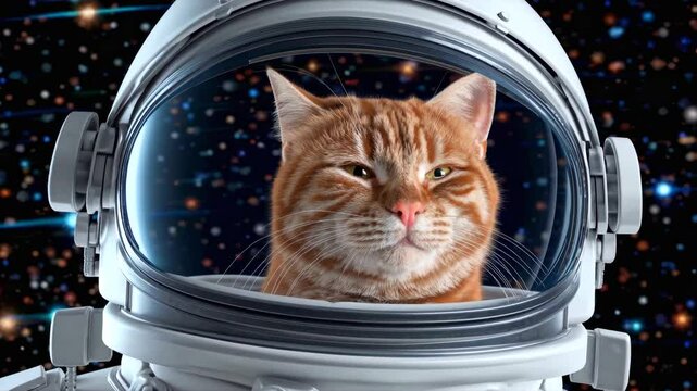 Professional feline astronaut poses in cosmic gear. Orange tabby showcases space helmet against starry backdrop. Static composition.