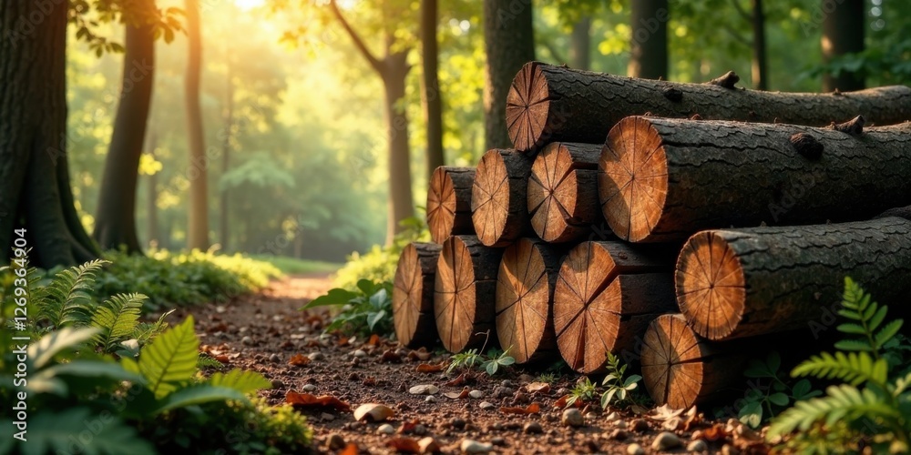 Poster sunlight dappled forest path with stacked logs, rustic and natural woodland scene