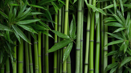 Fototapeta premium Bamboo grove featuring slender green stalks against a black background showcases nature's beauty and tranquility