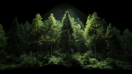 Fototapeta premium Sunlight filtering through a dense pine forest creates a serene natural atmosphere