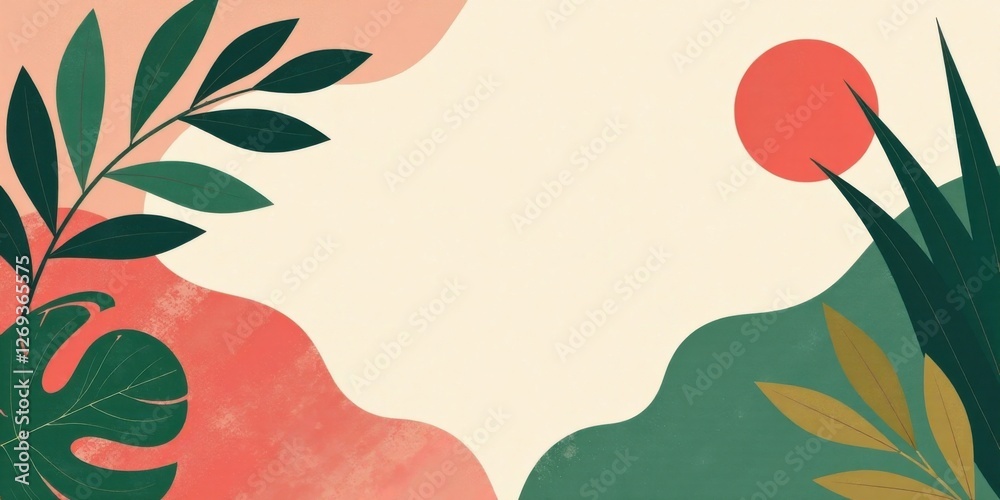 Aufkleber Abstract Tropical Botanical Composition with a Central Empty Space Ideal for Text or Logo Placement Featuring Simplified Leaf Forms and Organic Shapes in Earthy Tones