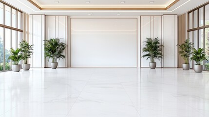 Modern lobby, marble floor, large windows, plants, blank wall, interior design