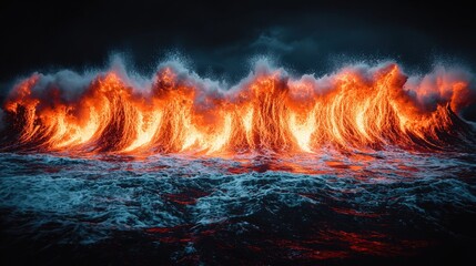 Fiery orange wave of flames merging with turquoise ocean waves under a bright sky