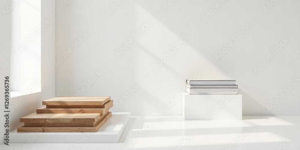 Aufkleber minimalist studio scene with wooden blocks and stacked books on white platforms
