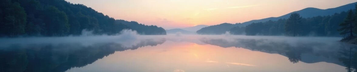 Obraz premium A silver lake at dawn with mist rising from its surface, water bodies, serene landscapes