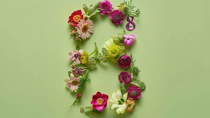 Colorful and Creative Number "8" Decorated with Flowers and Text "March" on Pastel Green Background in Flat Lay Composition with Detailed Texture and Natural Lighting for “International Woman‘s Day"