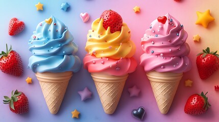 Cute playful seamless background with ice cream strawberries hearts stars and rainbow