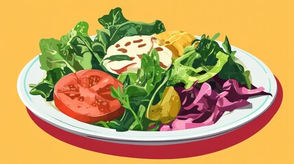 A colorful vegetable plate with a variety of salads, greens, and plant-based proteins, symbolizing a healthy and sustainable diet