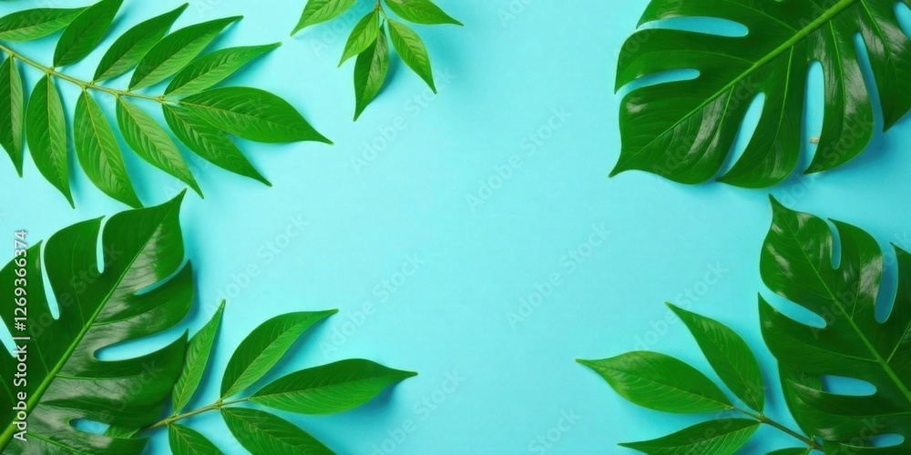 Poster vibrant green tropical foliage arranged on a light blue background, creating a frame for text or des
