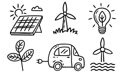 Eco-friendly and renewable energy icons, a solar panel, a wind turbine, a light bulb, a plant leaf, an electric car, an offshore wind farm, vector elements in sketch style