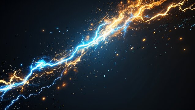 Abstract impact of arcane gold and phantom blue glowing lightning sparks effects anime on plain black background