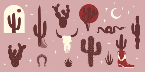 Wild West icon set. Vintage cactus plant 