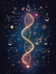 This artwork features a DNA strand composed of stardust and celestial symbols, emphasizing the connection between life, love, and the universe's mysteries.