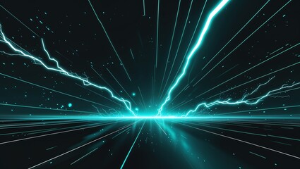 Fototapeta premium Abstract impact of beam neon teal glowing lightning sparks effects anime on plain black background