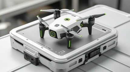 Compact drone on case, tech warehouse background, product shot