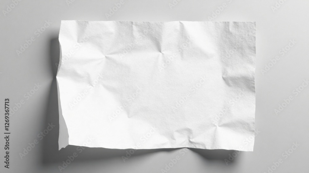Leinwandbilder A crumpled sheet of blank white paper rests on a neutral gray surface, offering a simple yet versatile backdrop for various design applications or text placement.