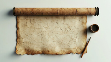 Ancient scroll and ink pot on a wooden surface ready for writing in a quiet workspace