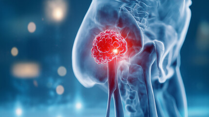A highly detailed 3D medical illustration of a human pelvis, showing a cancerous tumor on one side of the hip bone. The affected area appears swollen and inflamed, with red, irrita