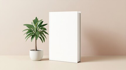 Minimalist White Book Beside Potted Plant on Soft Neutral Background