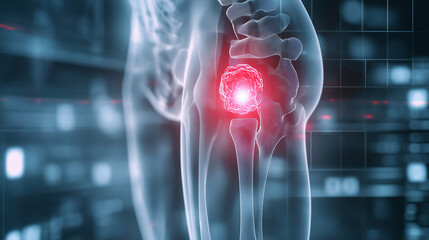 A 3D-rendered MRI-style scan of a hip bone tumor, where the cancerous growth is distinctly highlighted against the grayscale skeletal structure. The affected side shows severe bone