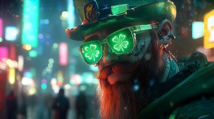 Futuristic Leprechaun Celebrates Sci-Fi St. Patrick's Day in Digital City