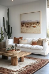 Desert Living Room with Cactus Plants and Warm Textured Rug Featuring Framed Desert Scenery Artwork