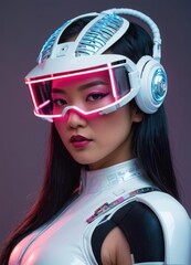 Asian woman, futuristic cyberpunk face, long black hair, wearing virtual reality goggles with holographic interface. She wears a modern metallic silver and white uniform. Cyberpunk, futuristic