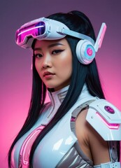 Asian woman, futuristic cyberpunk face, long black hair, wearing virtual reality goggles with holographic interface. She wears a modern metallic silver and white uniform. Cyberpunk, futuristic