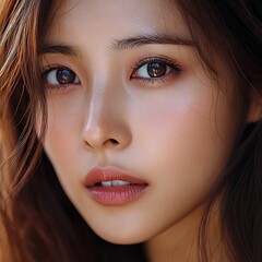 Detailed Portrait of Young Woman with Soft Makeup and Expressive Gaze Brown Eyes and Brown Hair