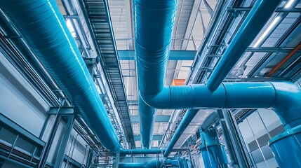Obraz premium A large industrial building with blue pipes running through it. The pipes are connected to a central system, and the building appears to be a factory or a warehouse