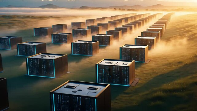 Massive outdoor data server farm in the desert at sunrise with glowing dust and atmospheric depth