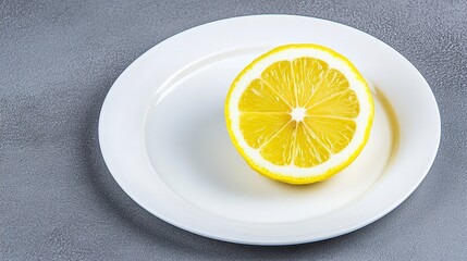Fresh Half Lemon on White Plate Against Gray Background