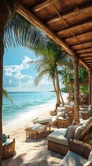 Obraz premium Palm-Lined Cabana Nestled Near Sandy Shore high resolution hd photo