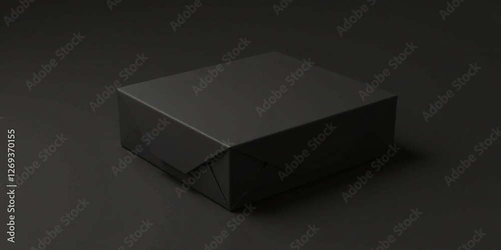 Poster a mysterious dark square box on a plain black background, ideal for product presentation and brandin